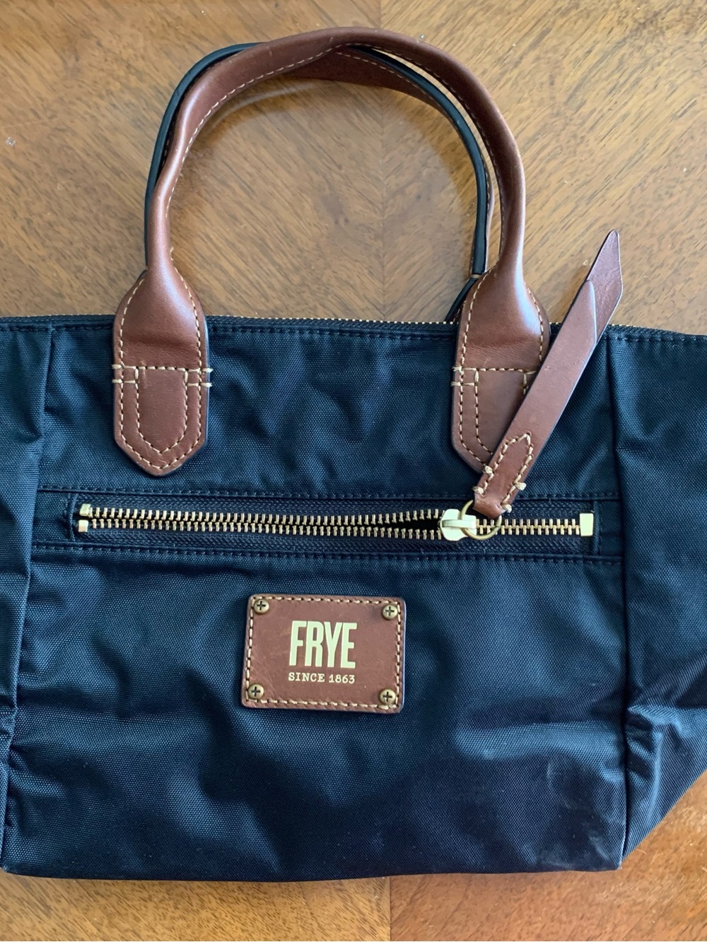 Frye Black Nylon Tote with Brown Leather Trim and Gold Hardware